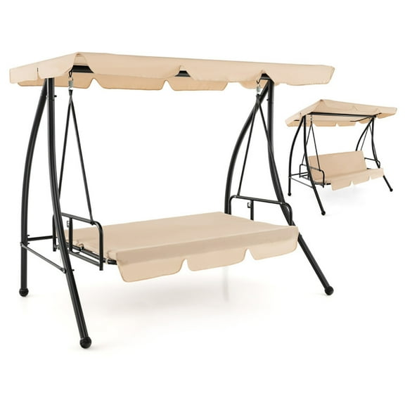 Aimee Lii 2-Seat Outdoor Convertible Swing Chair with Flat Bed and Adjustable Canopy, Outdoor Swing for Adults, Beige