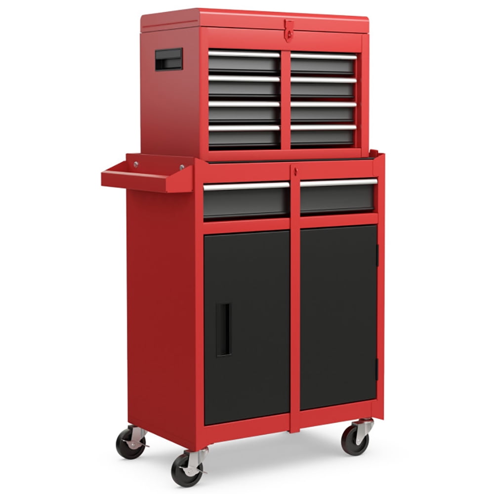 Aimee Lii 2-in-1 Tool Chest and Cabinet with 5 Sliding Drawers, Tool Chest Workbench, Garage Workshop Tool Organizer, Black & Red