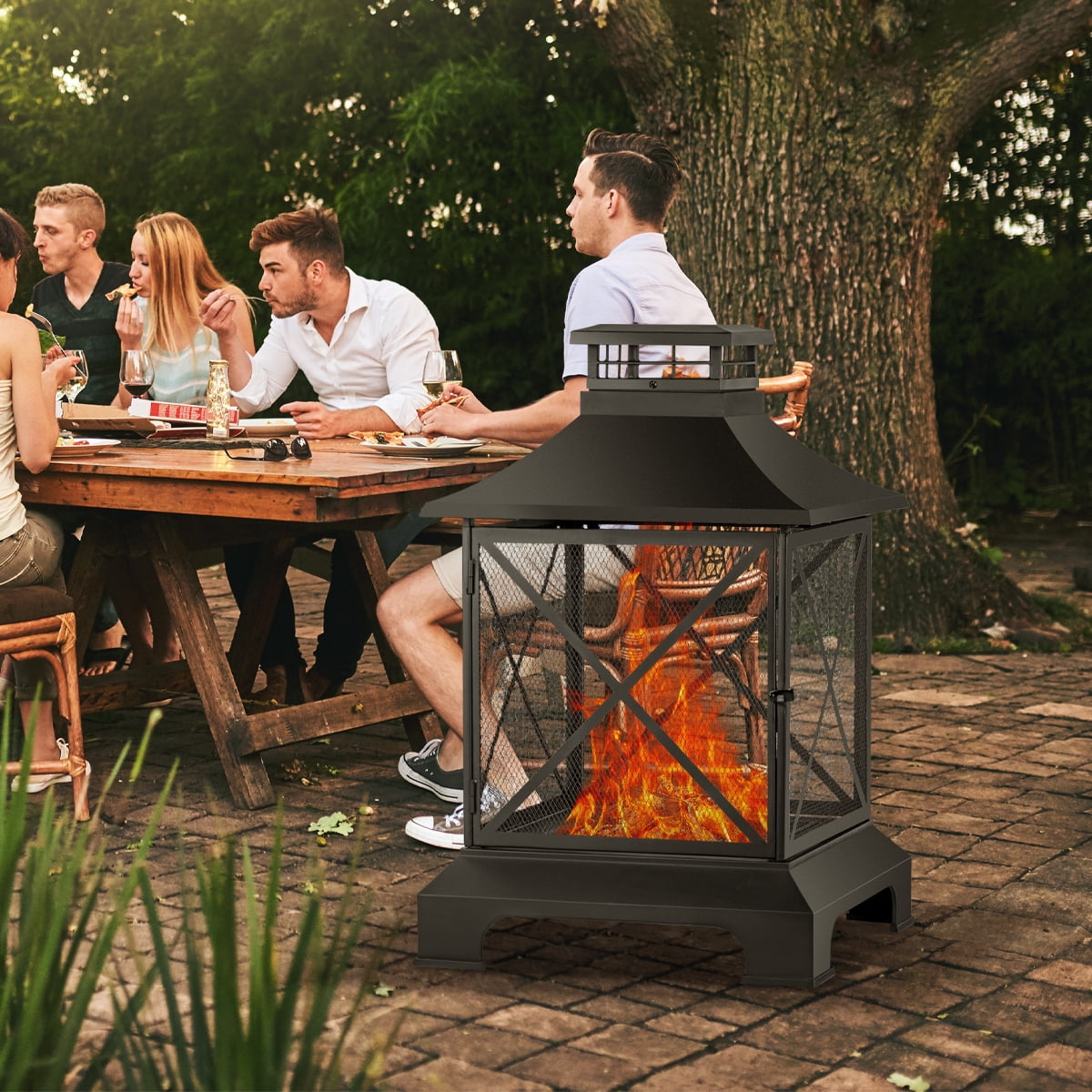 Aimee Lii 24" Pagoda-Style Steel Wood-Burning Fire Pit with Log Grate and Poker for Camping Bonfire, Outdoor Heating, Bonfire, and Picnic, Black