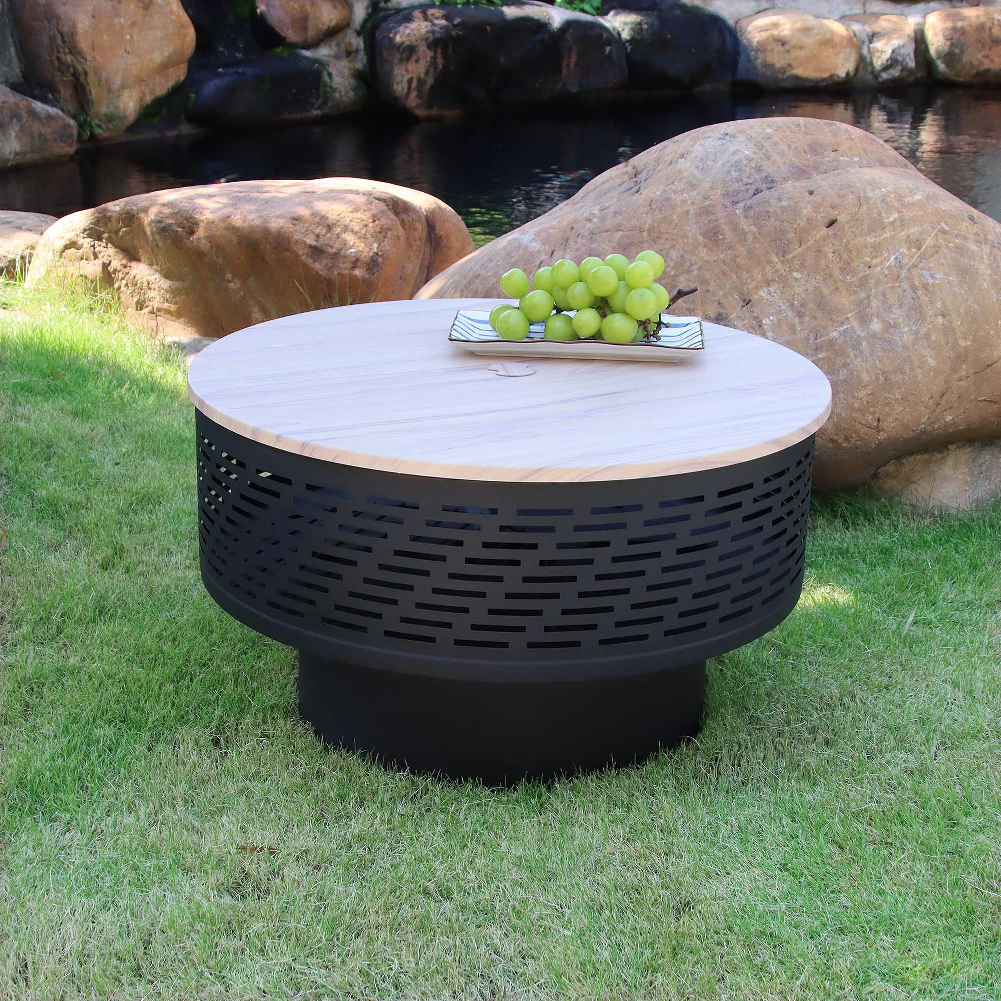 Aimee Lii 26" Wood Burning Lightweight Portable Outdoor Firepit With Faux Wood Lid Backyard Fireplace for Camping Bonfire, Outdoor Heating, Bonfire, and Picnic, Black