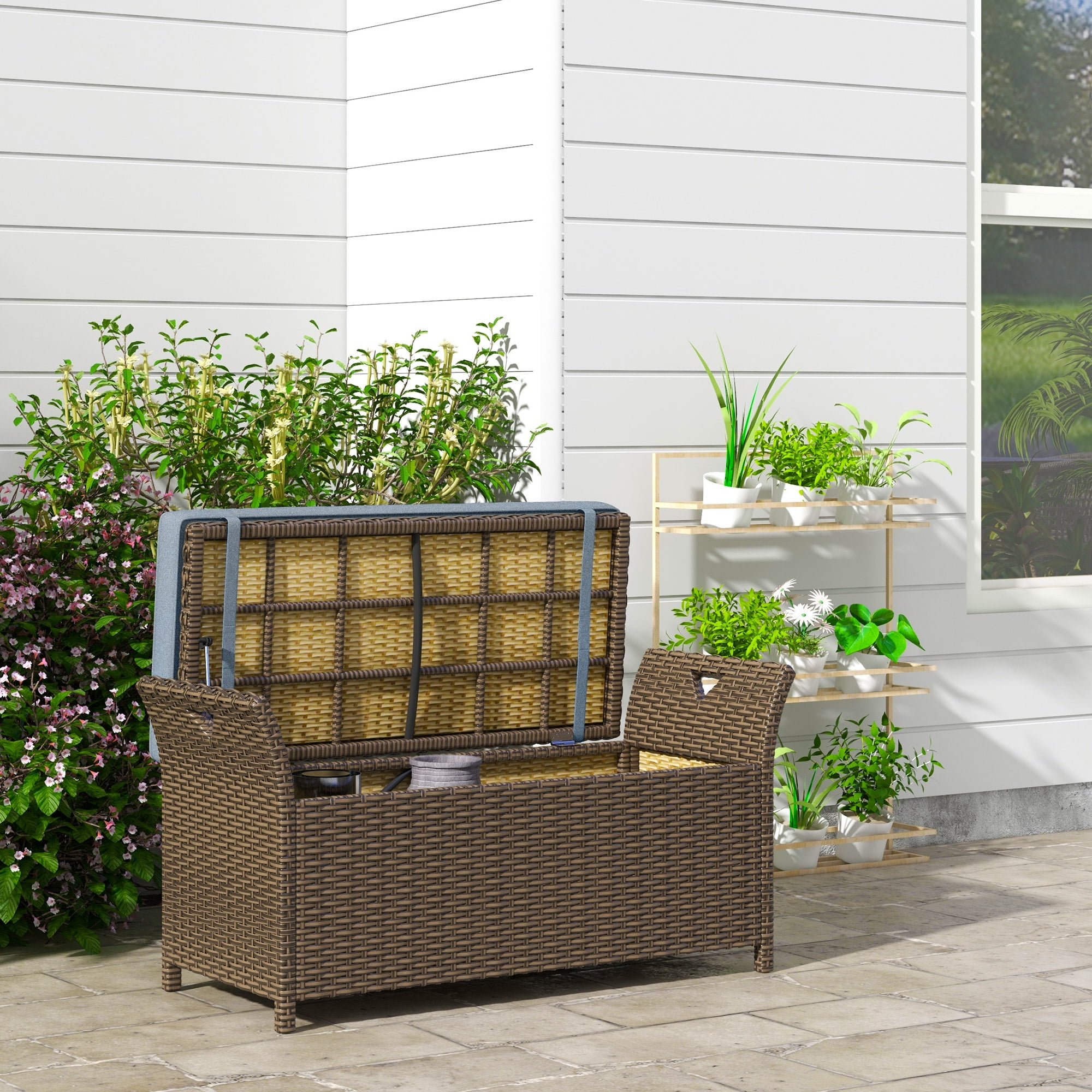 Aimee Lii 27 Gallon Patio Wicker Storage Bench, 2-In-1 Large Capacity Rectangle Garden Storage Box with Handles and Cushion, Outdoor Rattan Patio Furniture, Blue