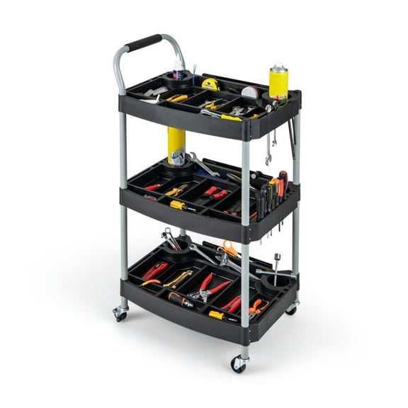 Aimee Lii 3 Layer Detailing Tool Utility Cart Tool Organizer Mobile Rolling Cart with Multiple Divider, Indoor Outdoor Garage Shelves, Metal Organizer Utility Rack-Black
