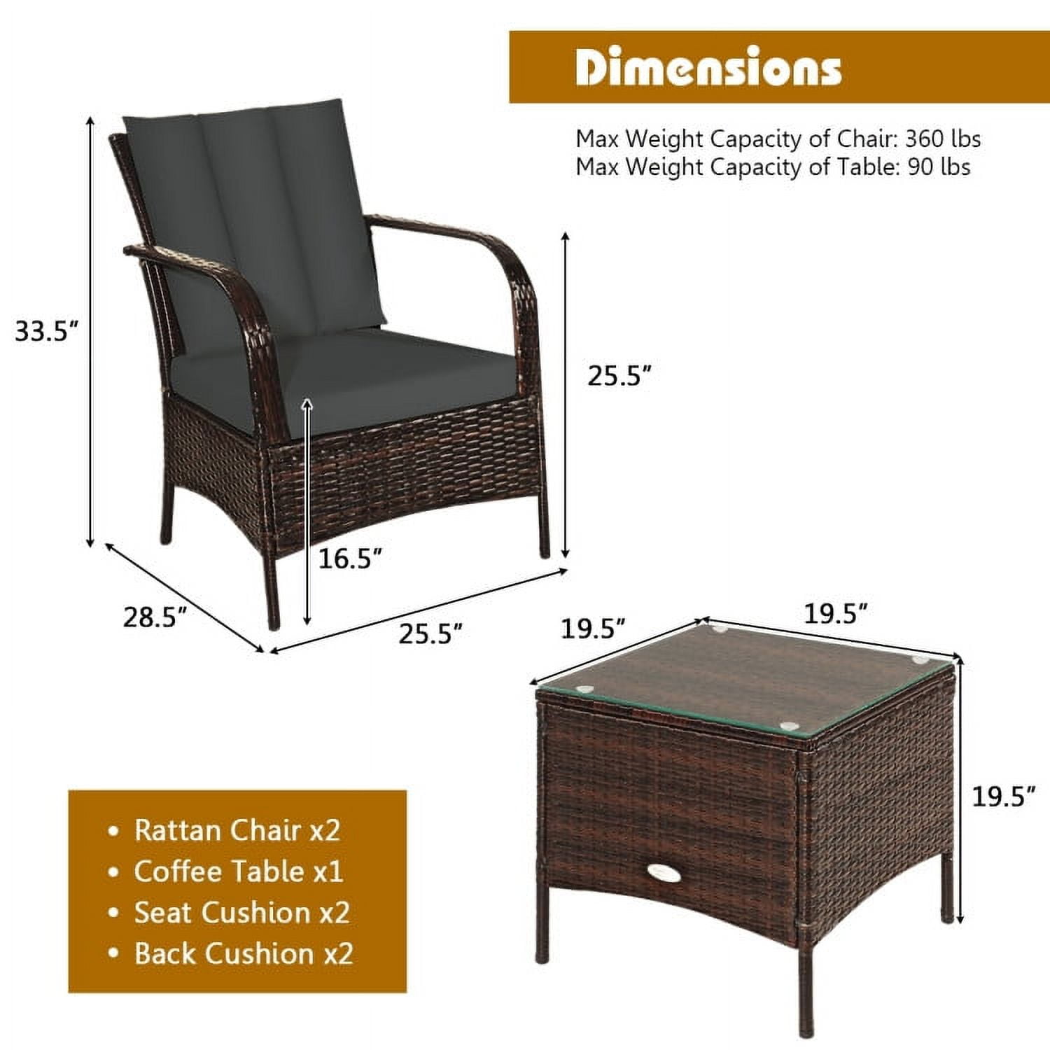 Aimee Lii 3 Pcs Patio Conversation Rattan Furniture Set, Small Patio Set with Glass Top Coffee Table and Cushions, Gray Aimee Lii 3 Pcs Patio Conversation Rattan Furniture Set, Small Patio Set with Glass Top Coffee Table and Cushions, Gray
