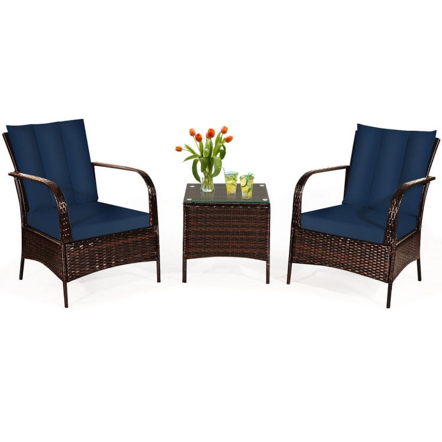 Aimee Lii 3 Pcs Patio Conversation Rattan Furniture Set, Small Patio Set with Glass Top Coffee Table and Cushions, Navy Aimee Lii 3 Pcs Patio Conversation Rattan Furniture Set, Small Patio Set with Glass Top Coffee Table and Cushions, Navy