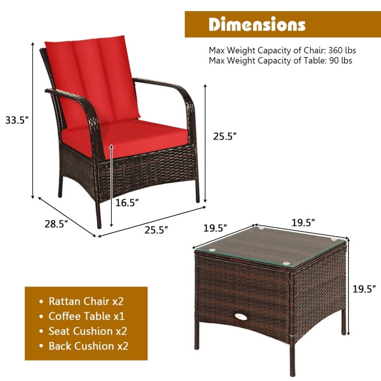 Aimee Lii 3 Pcs Patio Conversation Rattan Furniture Set, Small Patio Set with Glass Top Coffee Table and Cushions, Red