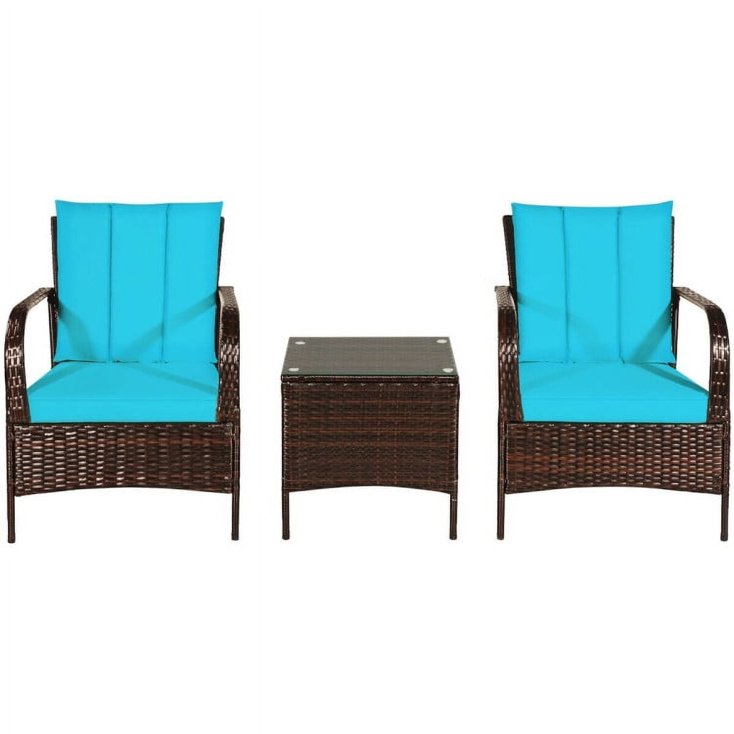 Aimee Lii 3 Pcs Patio Conversation Rattan Furniture Set, Small Patio Set with Glass Top Coffee Table and Cushions, Turquoise