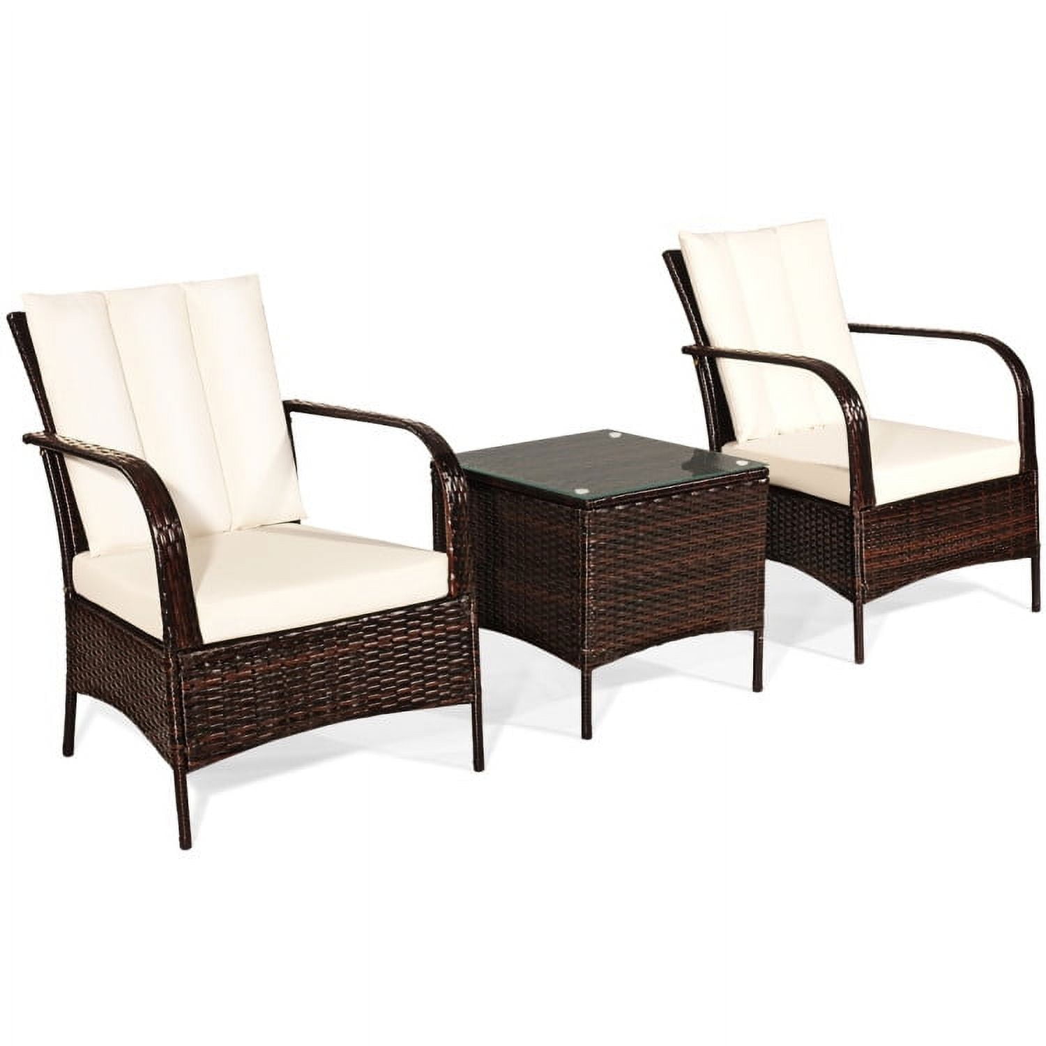 Aimee Lii 3 Pcs Patio Conversation Rattan Furniture Set, Small Patio Set with Glass Top Coffee Table and Cushions, White Aimee Lii 3 Pcs Patio Conversation Rattan Furniture Set, Small Patio Set with Glass Top Coffee Table and Cushions, White