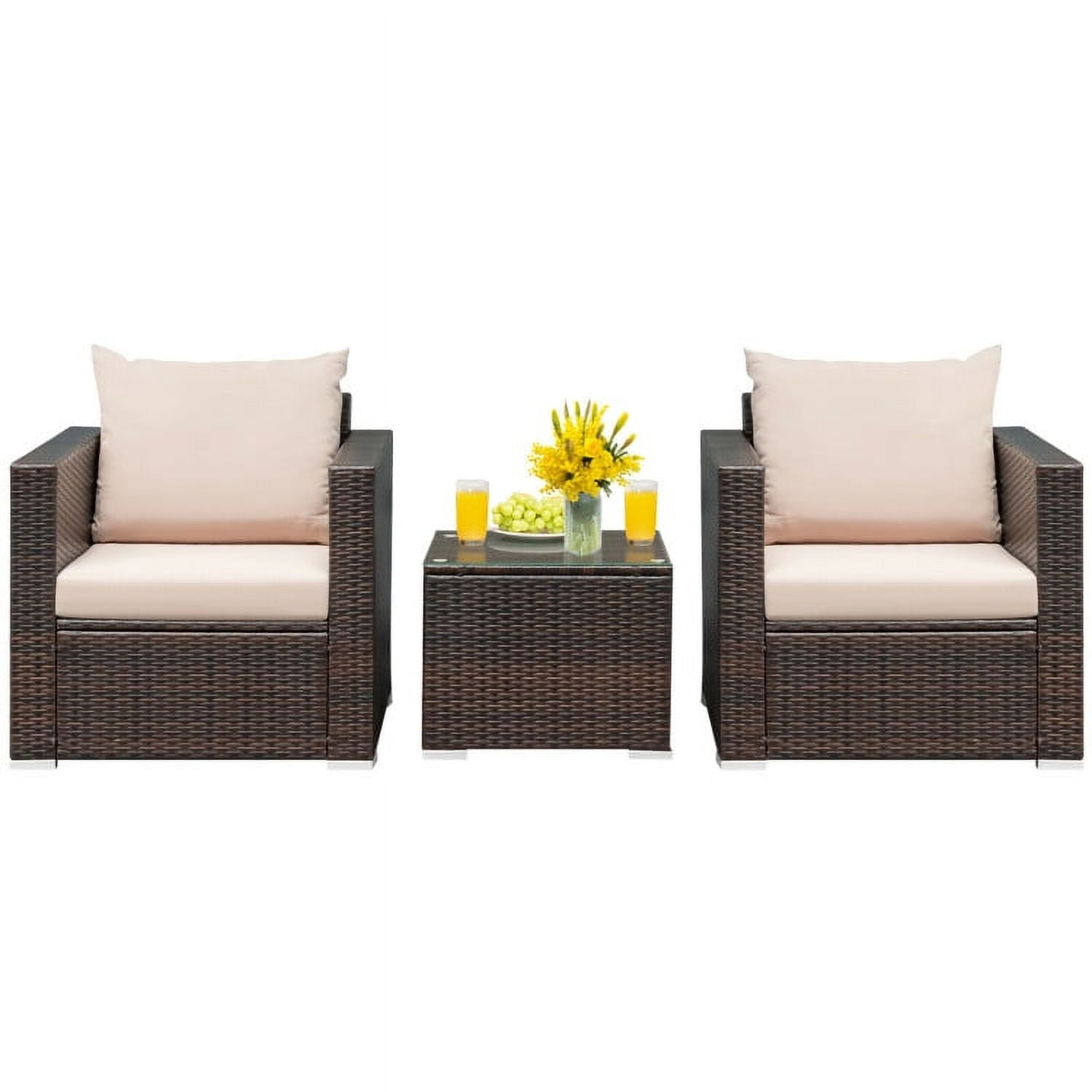 Aimee Lii 3 Pcs Patio Rattan Furniture Bistro Sofa Set with Cushioned, Modern Patio Furniture, Beige