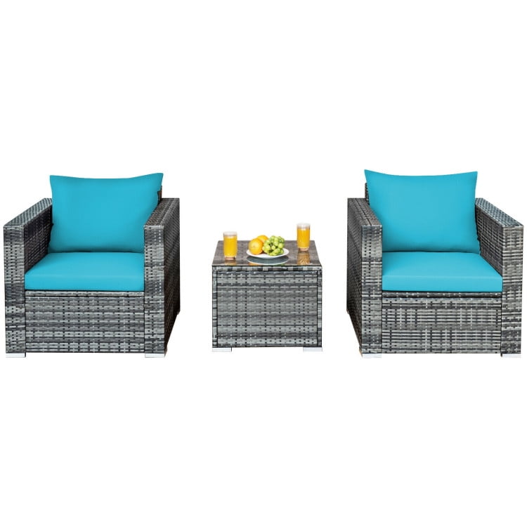 Aimee Lii 3 Pcs Patio Rattan Furniture Bistro Sofa Set with Cushioned, Modern Patio Furniture, Turquoise Aimee Lii 3 Pcs Patio Rattan Furniture Bistro Sofa Set with Cushioned, Modern Patio Furniture, Turquoise