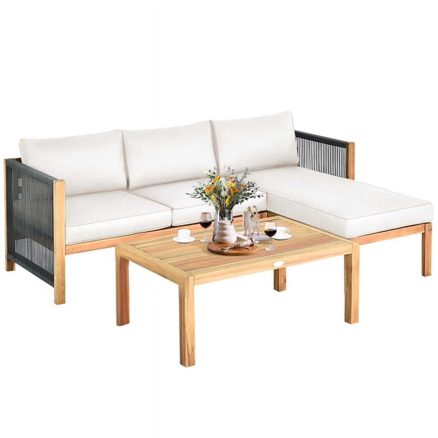 Aimee Lii 3 Piece Patio Acacia Sofa Set with Nylon Armrest, Outdoor Deck Furniture, White Aimee Lii 3 Piece Patio Acacia Sofa Set with Nylon Armrest, Outdoor Deck Furniture, White