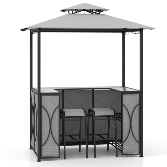 Aimee Lii 3-Piece Patio Bar Set Grill Patio Canopy & 2 Bar Stools with Tempered Glass Bar Table, Modern Patio Furniture for Outdoor Backyard Pool Deck-Gray