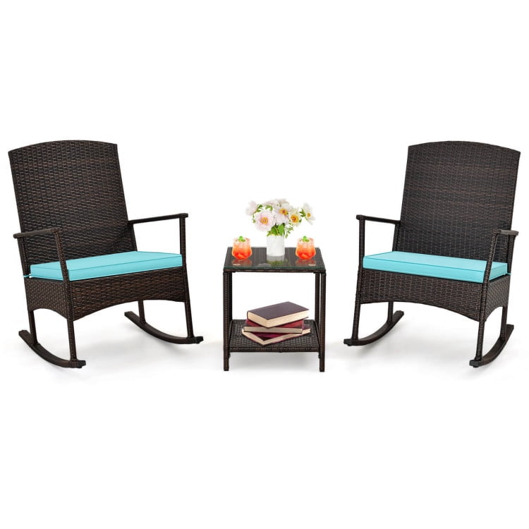 Aimee Lii 3 Piece Patio Rocking Set, Wicker Rocking Chairs with 2-Tier Coffee Table, Outdoor Patio Set, Turquoise Aimee Lii 3 Piece Patio Rocking Set, Wicker Rocking Chairs with 2-Tier Coffee Table, Outdoor Patio Set, Turquoise