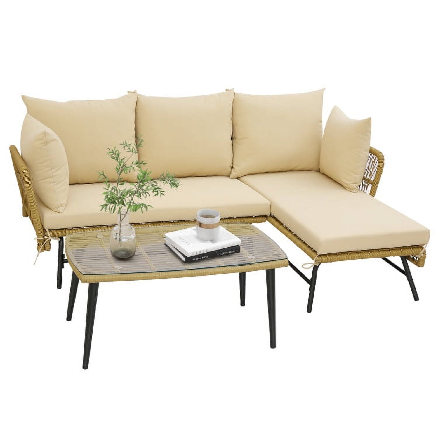 Aimee Lii 3 Pieces L-Shaped Patio Sofa with Cushions and Tempered Glass Table, Outdoor Patio Set, Beige Aimee Lii 3 Pieces L-Shaped Patio Sofa with Cushions and Tempered Glass Table, Outdoor Patio Set, Beige