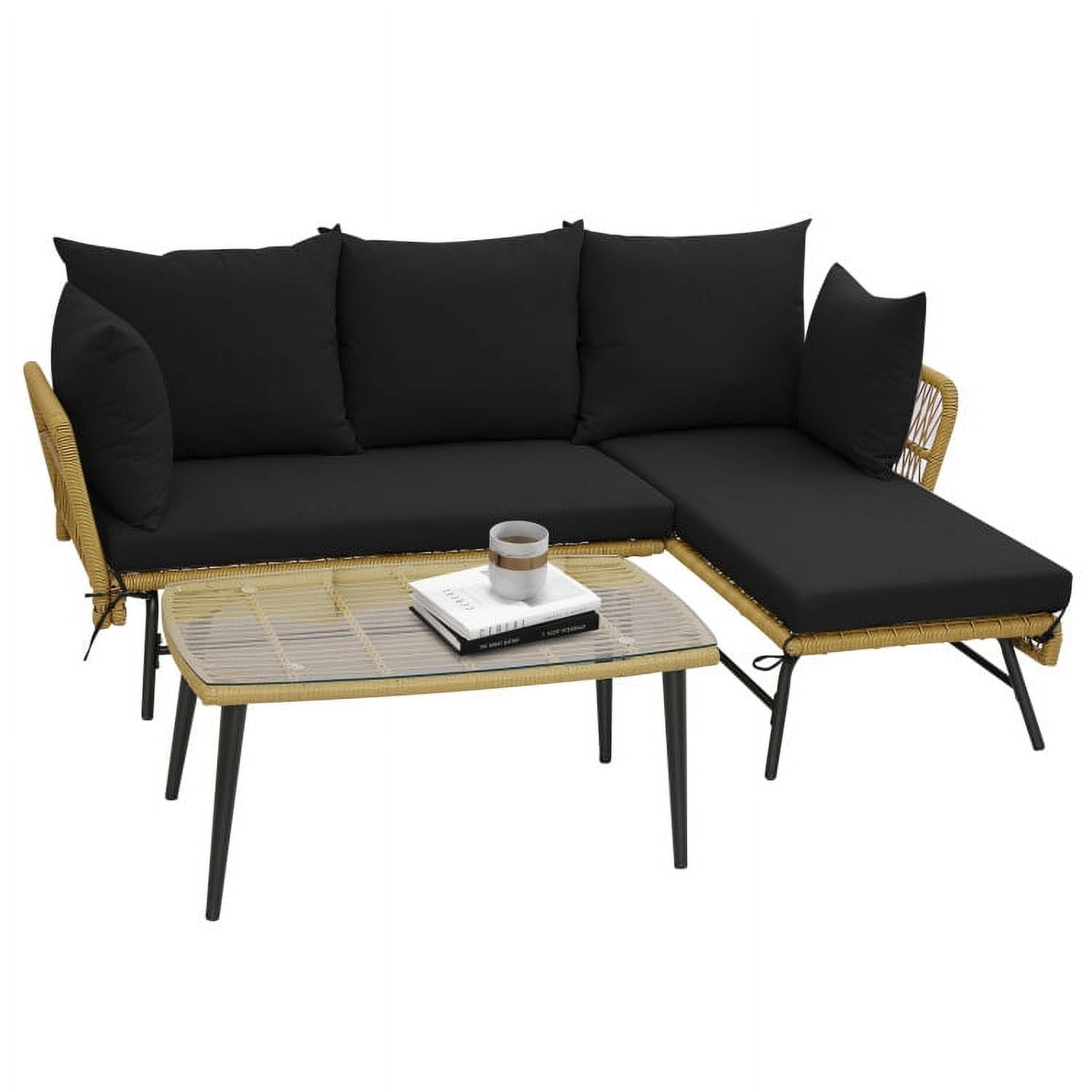 Aimee Lii 3 Pieces L-Shaped Patio Sofa with Cushions and Tempered Glass Table, Outdoor Patio Set, Black