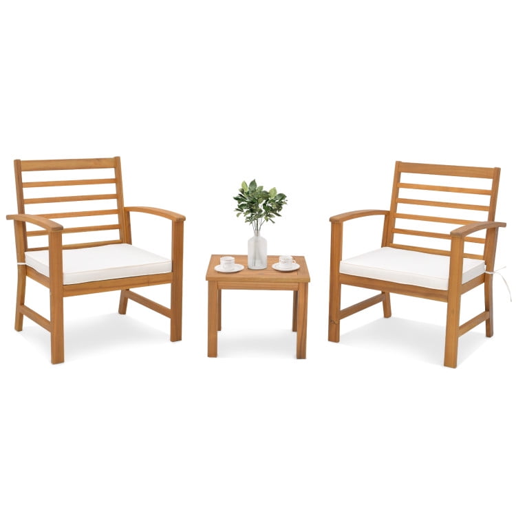 Aimee Lii 3 Pieces Outdoor Furniture Set with Stable Acacia Wood Frame, Patio Furniture Sets, White Aimee Lii 3 Pieces Outdoor Furniture Set with Stable Acacia Wood Frame, Patio Furniture Sets, White