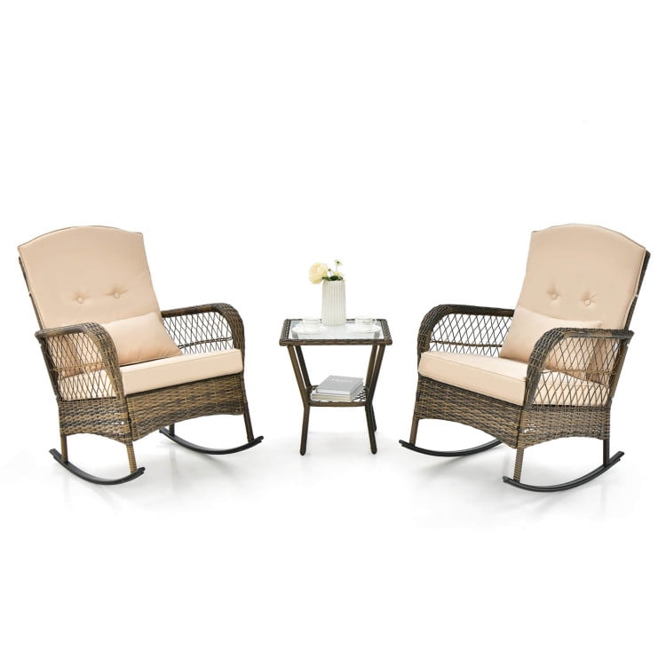 Aimee Lii 3 Pieces Outdoor Hand-Woven PE Rattan Conversation Set with Tempered Glass Coffee Table, Patio Sectional Furniture Set, Beige
