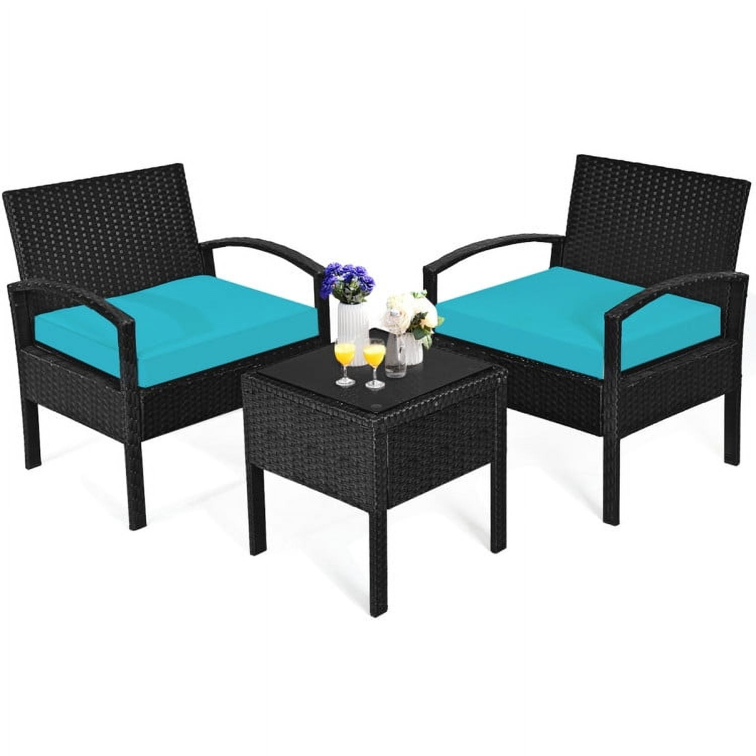 Aimee Lii 3 Pieces Outdoor Rattan Patio Conversation Set, Wicker Patio Furniture Set with Seat Cushions, Turquoise