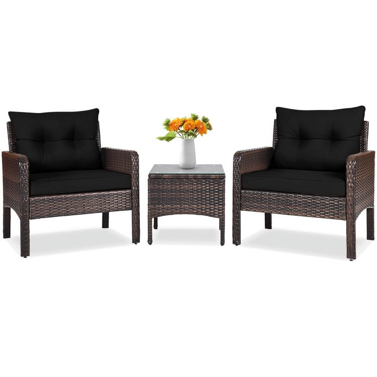 Aimee Lii 3 Pieces Outdoor Rattan Wicker Loveseat Furniture Set with Cushions, Small Patio Set, Black