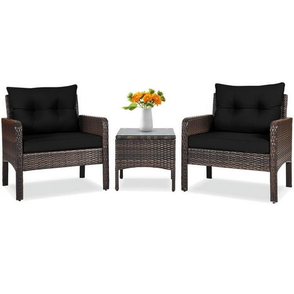 Aimee Lii 3 Pieces Outdoor Rattan Wicker Loveseat Furniture Set with Cushions, Small Patio Set, Black