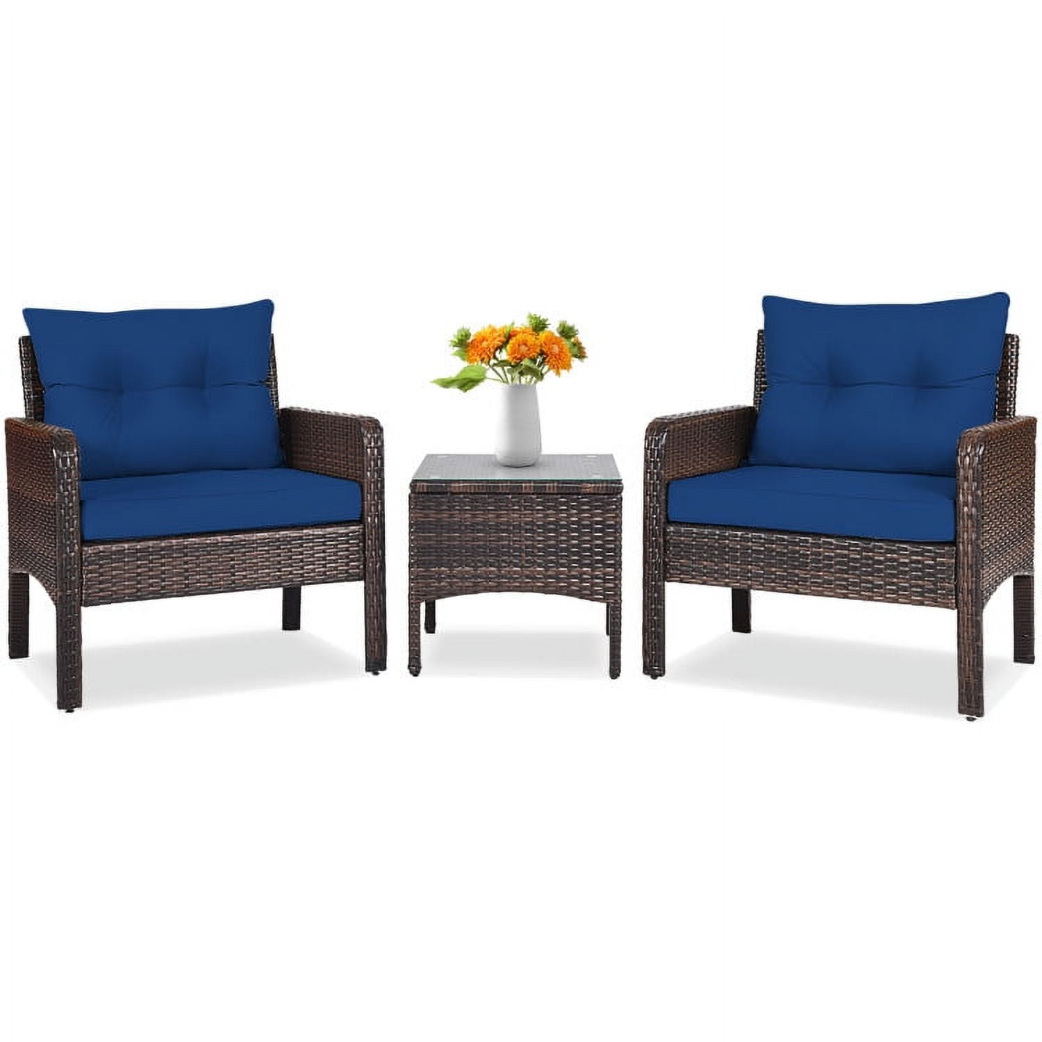 Aimee Lii 3 Pieces Outdoor Rattan Wicker Loveseat Furniture Set with Cushions, Small Patio Set, Navy