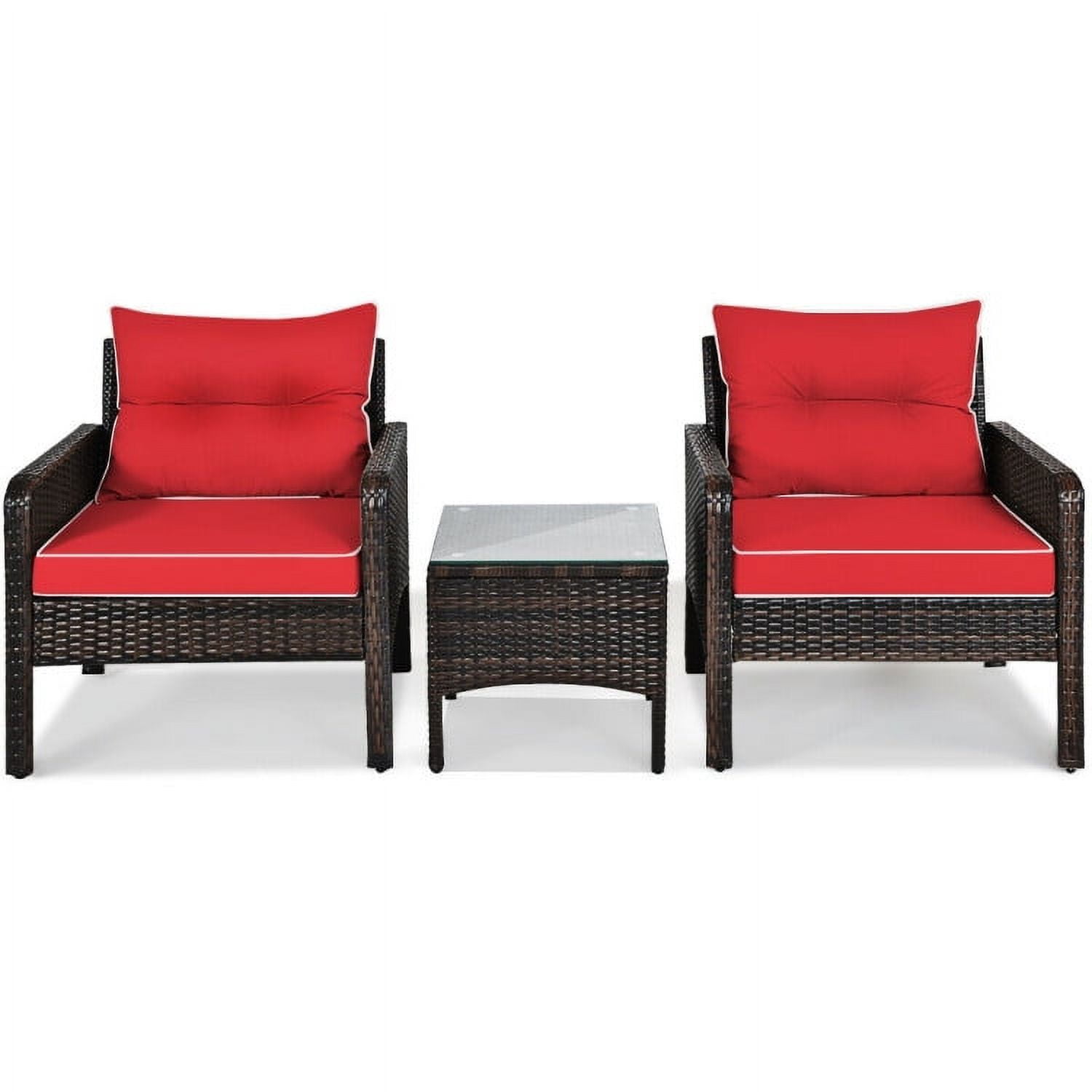 Aimee Lii 3 Pieces Outdoor Rattan Wicker Loveseat Furniture Set with Cushions, Small Patio Set, Red