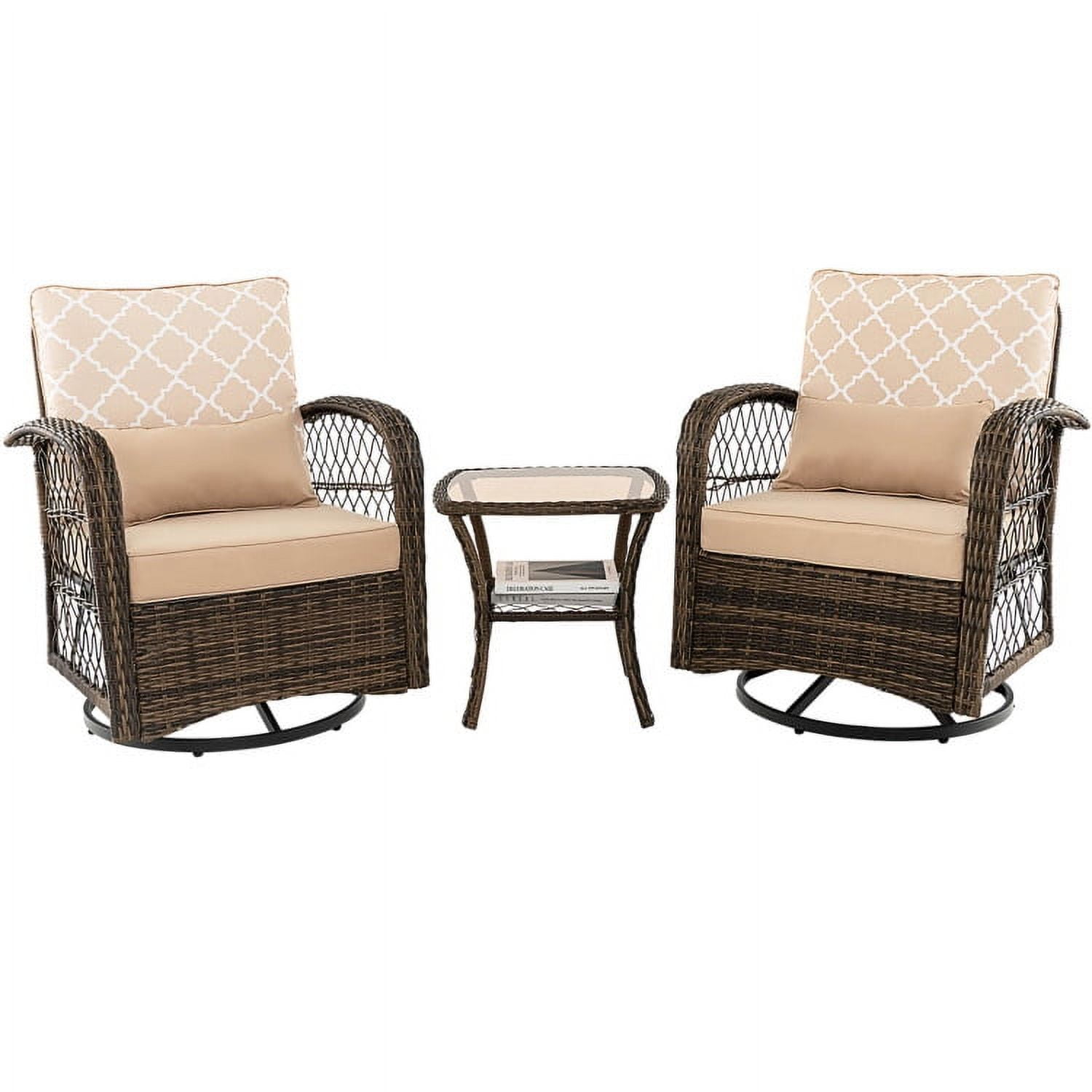 Aimee Lii 3 Pieces Outdoor Wicker Conversation Set with Tempered Glass Coffee Table, Patio Sectional Furniture Set, Beige