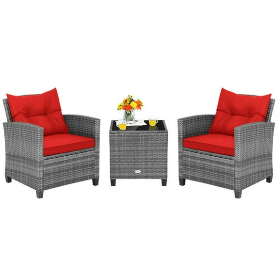 Aimee Lii 3 Pieces Outdoor Wicker Conversation Set with Tempered Glass Tabletop, Modern Patio Furniture for Outdoor Backyard Pool Deck-Red