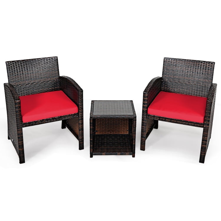 Aimee Lii 3 Pieces Patio Cushioned Wicker Conversation Set, Outdoor Sectional Set with with Glass Coffee Table, Red