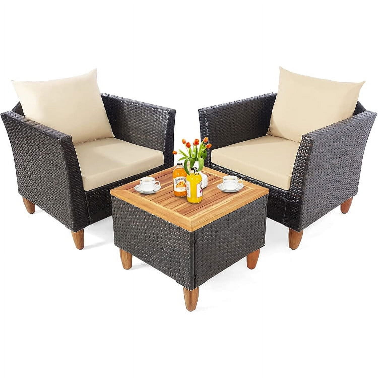 Aimee Lii 3 Pieces Patio Rattan Bistro Furniture Set with Wooden Table Top, Outdoor Patio Furniture, Beige