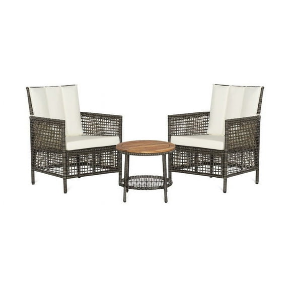 Aimee Lii 3 Pieces Patio Rattan Cushioned Conversation Set with Acacia Wood Tabletop, Outdoor Patio Furniture
