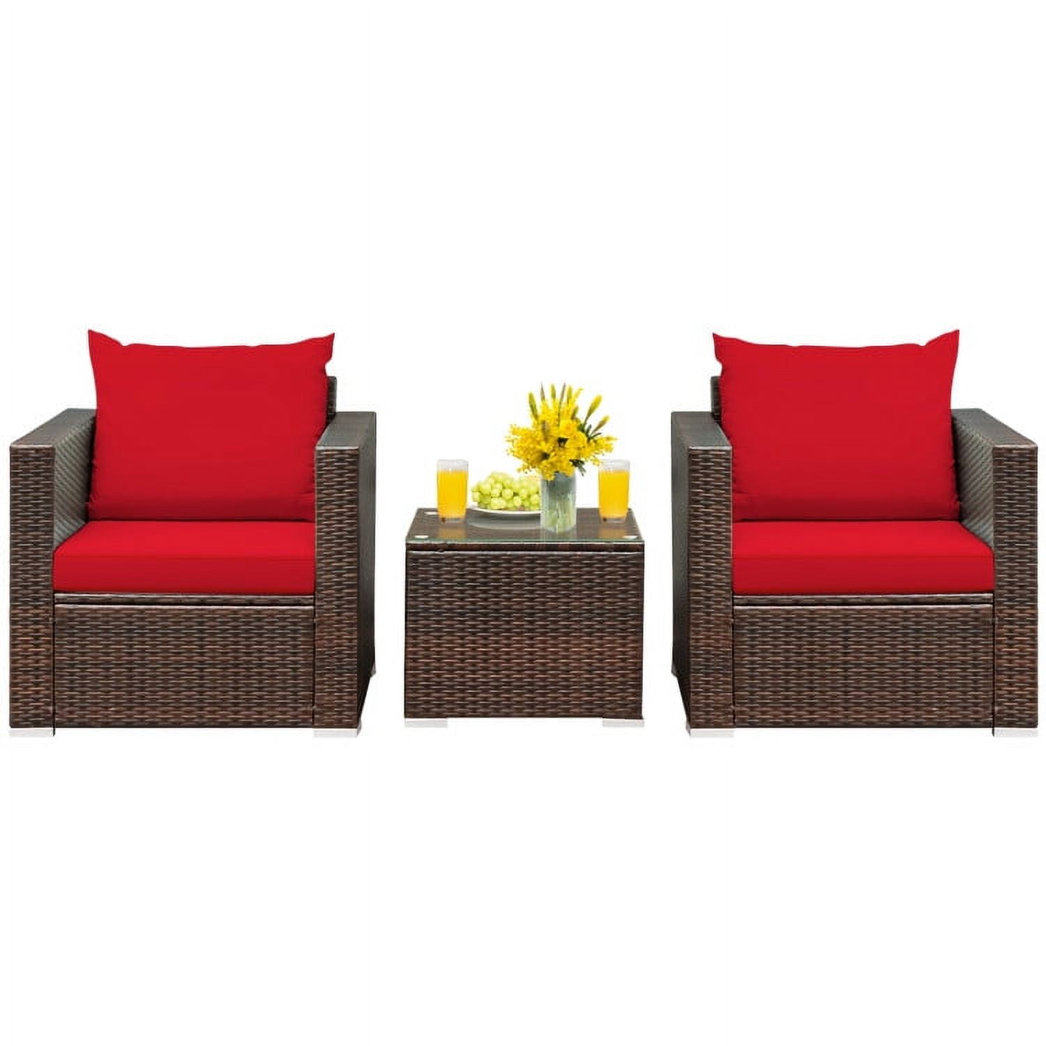 Aimee Lii 3 Pieces Patio Rattan Furniture Bistro Sofa Set with Cushioned, Modern Patio Furniture, Red Aimee Lii 3 Pieces Patio Rattan Furniture Bistro Sofa Set with Cushioned, Modern Patio Furniture, Red