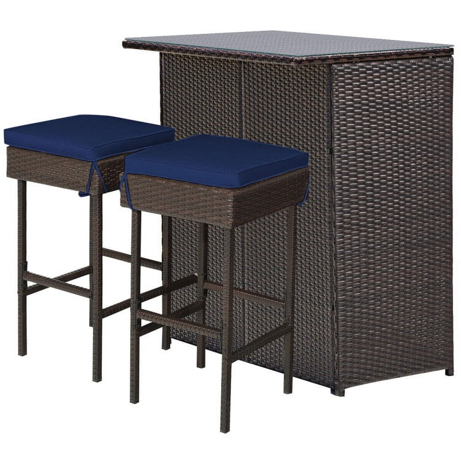 Aimee Lii 3 Pieces Patio Rattan Wicker Bar Table Stools Dining Set, Outdoor Patio Furniture, Navy & Off White Aimee Lii 3 Pieces Patio Rattan Wicker Bar Table Stools Dining Set, Outdoor Patio Furniture, Navy & Off White