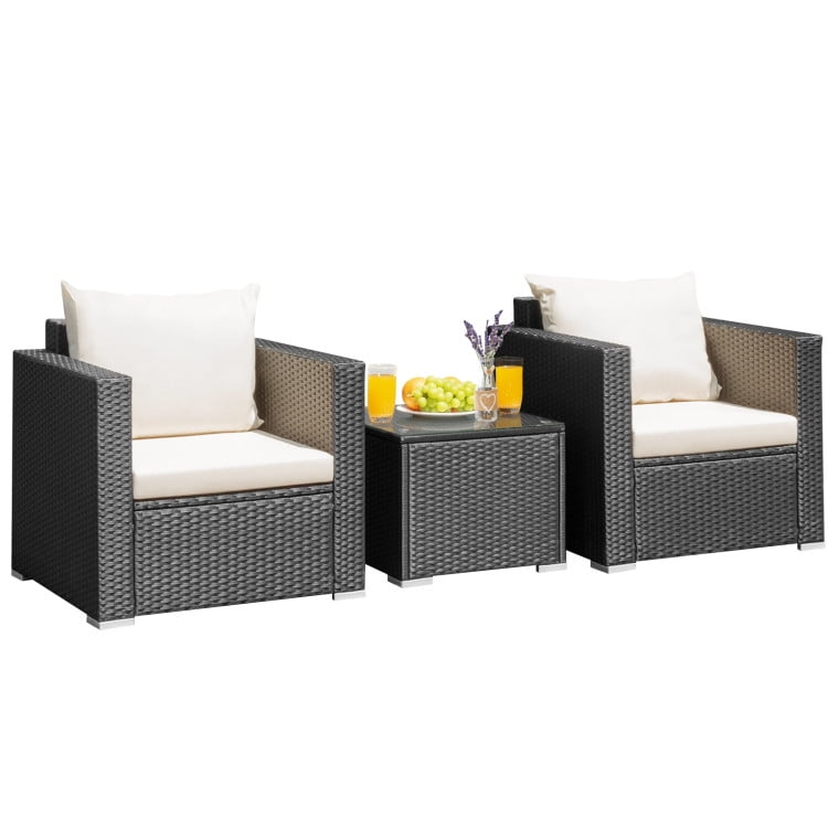 Aimee Lii 3 Pieces Patio Wicker Conversation Set with Cushion, Modern Patio Furniture, White Aimee Lii 3 Pieces Patio Wicker Conversation Set with Cushion, Modern Patio Furniture, White