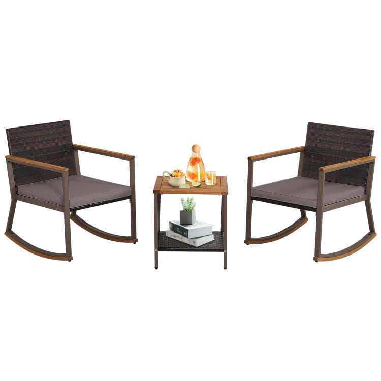 Aimee Lii 3 Pieces Rattan Rocking Bistro Set with Coffee Table and Cushions, Patio Table and Chairs Set, Outdoor Patio Set, Gray