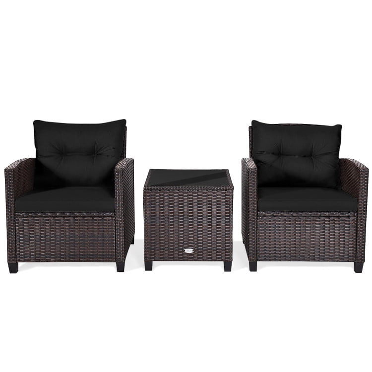 Aimee Lii 3 Pieces Wicker Patio Furniture Set, Coffee Table Cushioned Sofa, Modern Patio Furniture, Black Aimee Lii 3 Pieces Wicker Patio Furniture Set, Coffee Table Cushioned Sofa, Modern Patio Furniture, Black