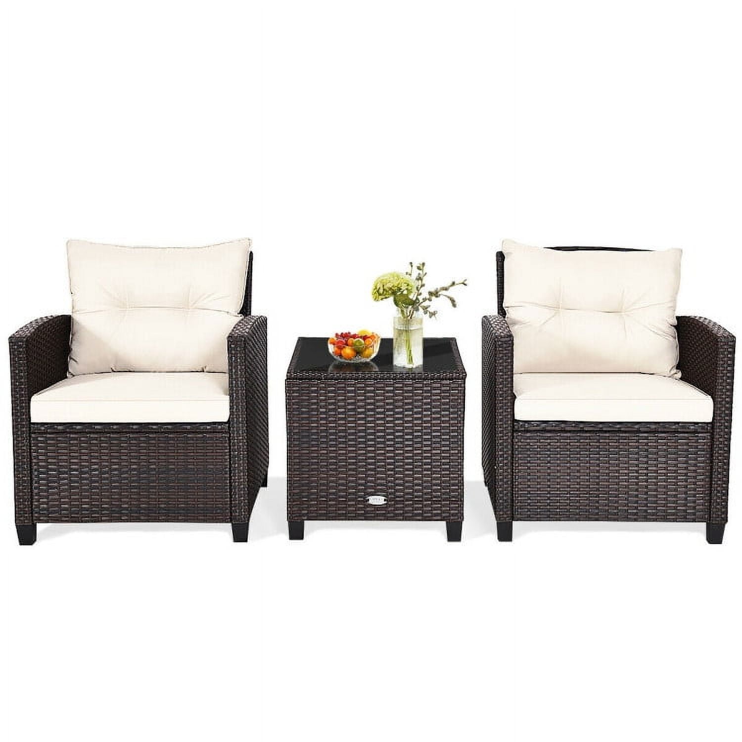 Aimee Lii 3 Pieces Wicker Patio Furniture Set, Coffee Table Cushioned Sofa, Modern Patio Furniture, White Aimee Lii 3 Pieces Wicker Patio Furniture Set, Coffee Table Cushioned Sofa, Modern Patio Furniture, White