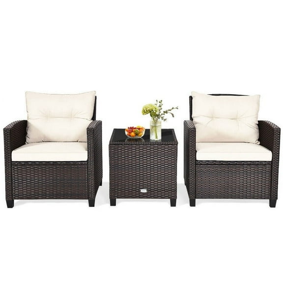 Aimee Lii 3 Pieces Wicker Patio Furniture Set, Coffee Table Cushioned Sofa, Modern Patio Furniture, White