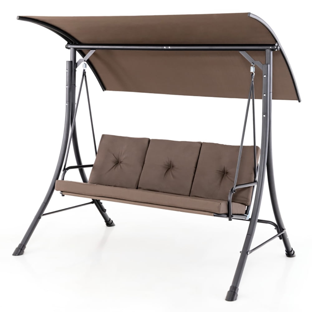 Aimee Lii 3-Seat Outdoor Porch Swing with Adjustable Canopy and Padded Cushions, Swing Chair Outdoor, Brown Aimee Lii 3-Seat Outdoor Porch Swing with Adjustable Canopy and Padded Cushions, Swing Chair Outdoor, Brown