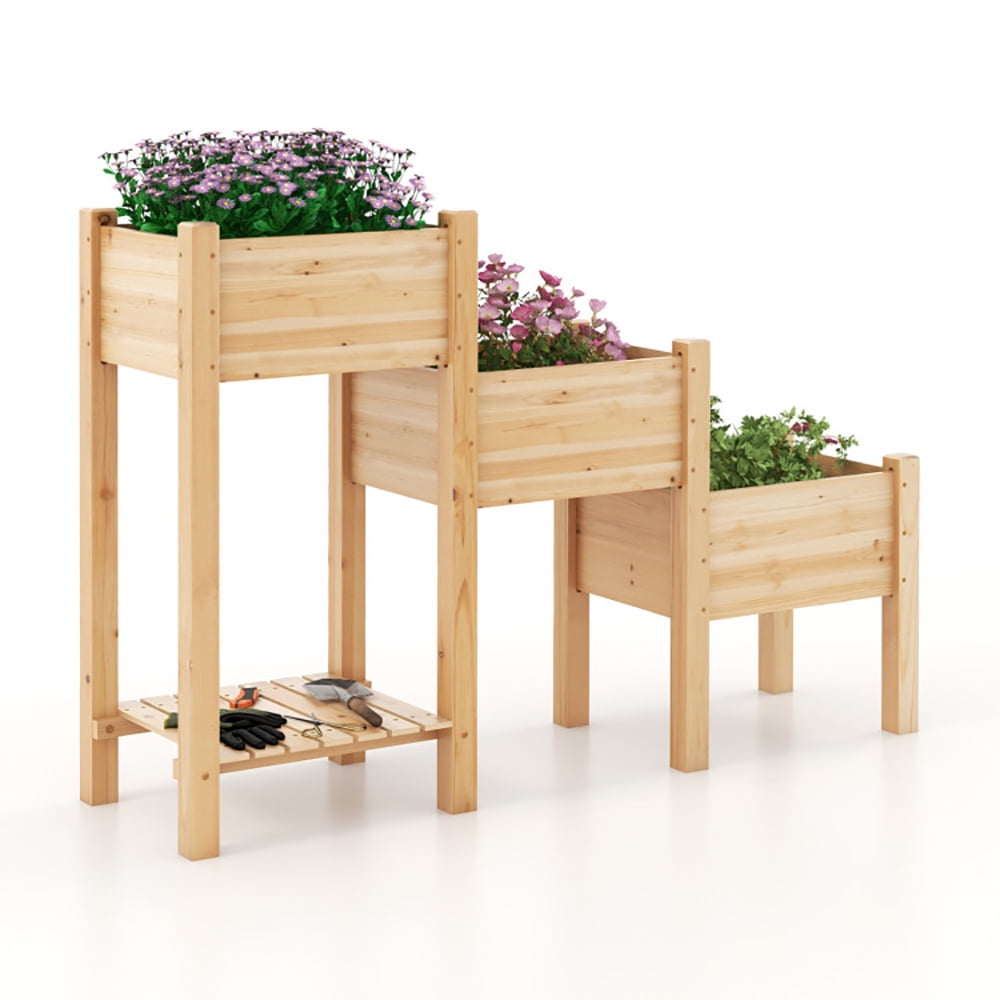 Aimee Lii 3-Tier Wooden Raised Garden Bed with Open Storage Shelf, Tiered Planters for Outdoor Plants, Natural Aimee Lii 3-Tier Wooden Raised Garden Bed with Open Storage Shelf, Tiered Planters for Outdoor Plants, Natural