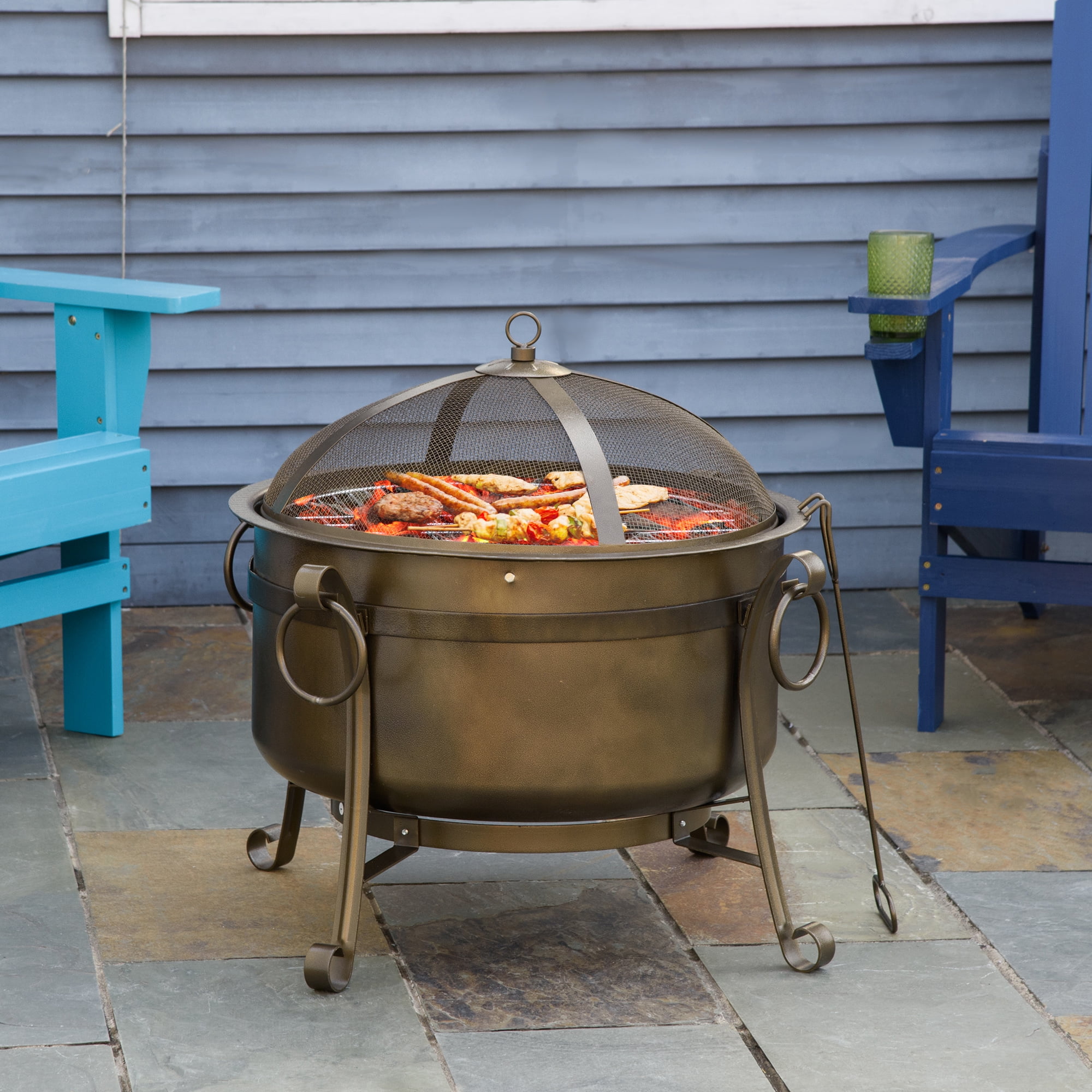 Aimee Lii 30" Outdoor Fire Pit Grill, Portable Steel Wood Burning Bowl, Cooking Grate, Poker, Spark Screen Lid, Outdoor Firepit for Patio, Backyard, BBQ, Camping, Bronze