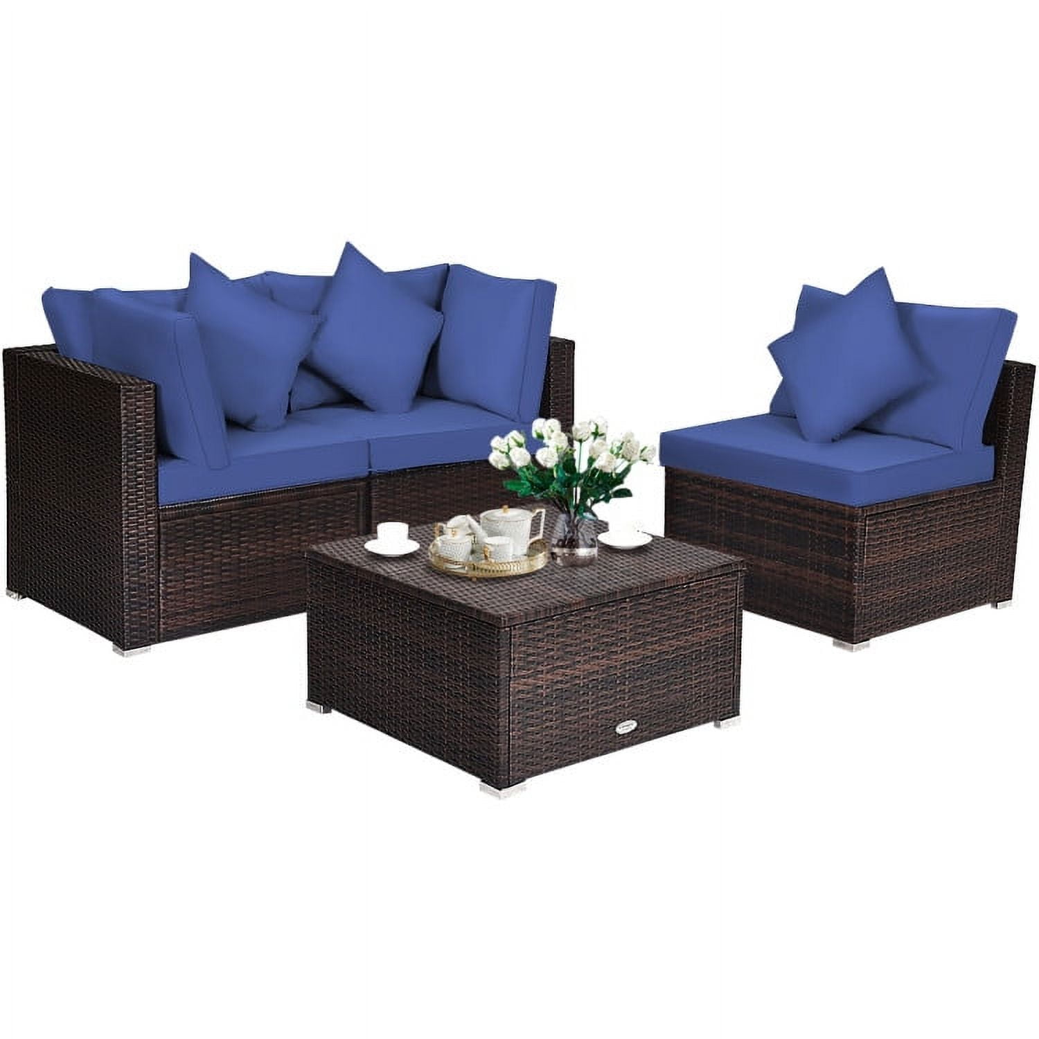 Aimee Lii 4 Pcs Ottoman Garden Deck Patio Rattan Wicker Furniture Set Cushioned Sofa, Outdoor Deck Furniture, Navy Aimee Lii 4 Pcs Ottoman Garden Deck Patio Rattan Wicker Furniture Set Cushioned Sofa, Outdoor Deck Furniture, Navy