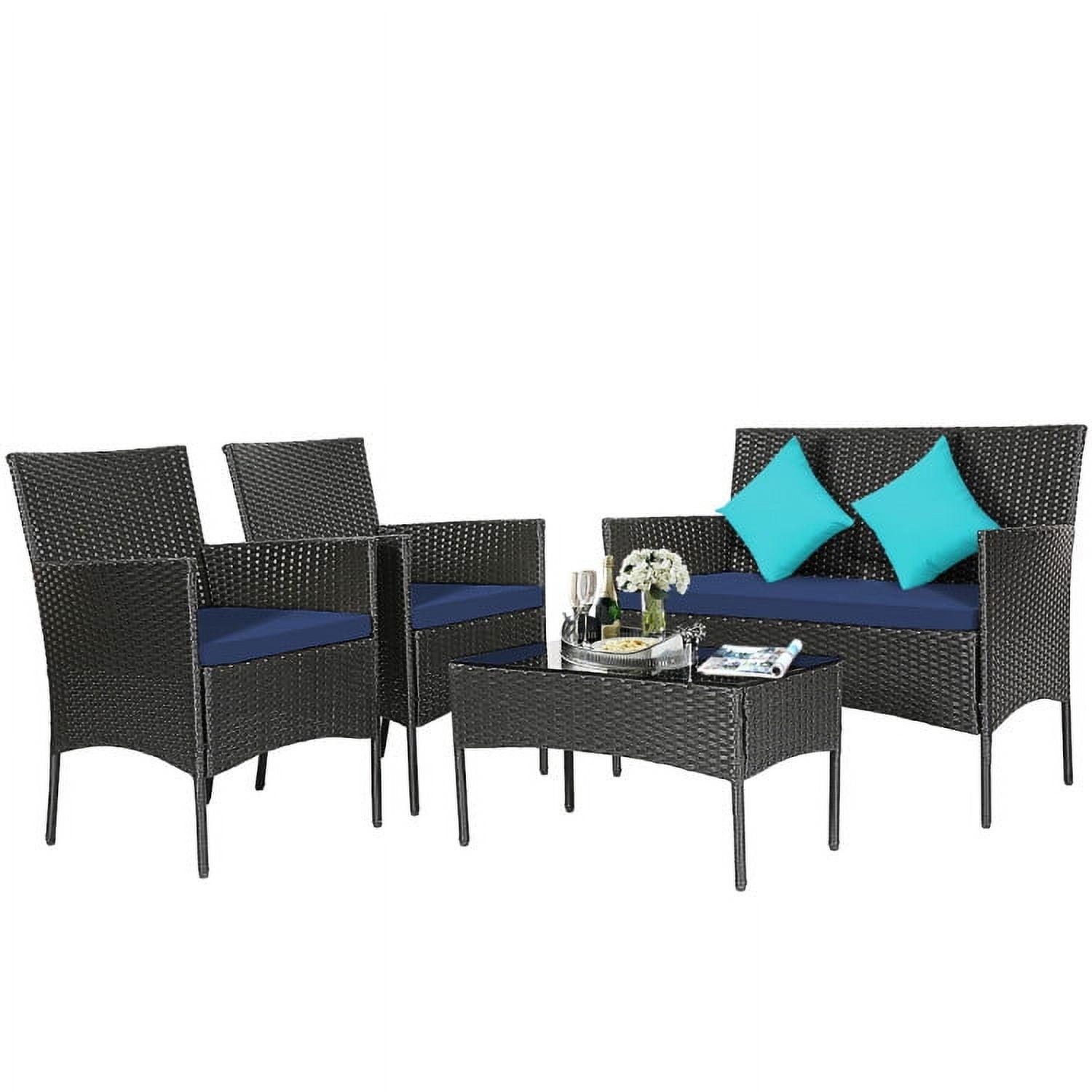 Aimee Lii 4 Pcs Patio Wicker Furniture Set, Cushioned Sofa Furniture with Tempered Glass Coffee Table, Small Patio Set, Navy Aimee Lii 4 Pcs Patio Wicker Furniture Set, Cushioned Sofa Furniture with Tempered Glass Coffee Table, Small Patio Set, Navy