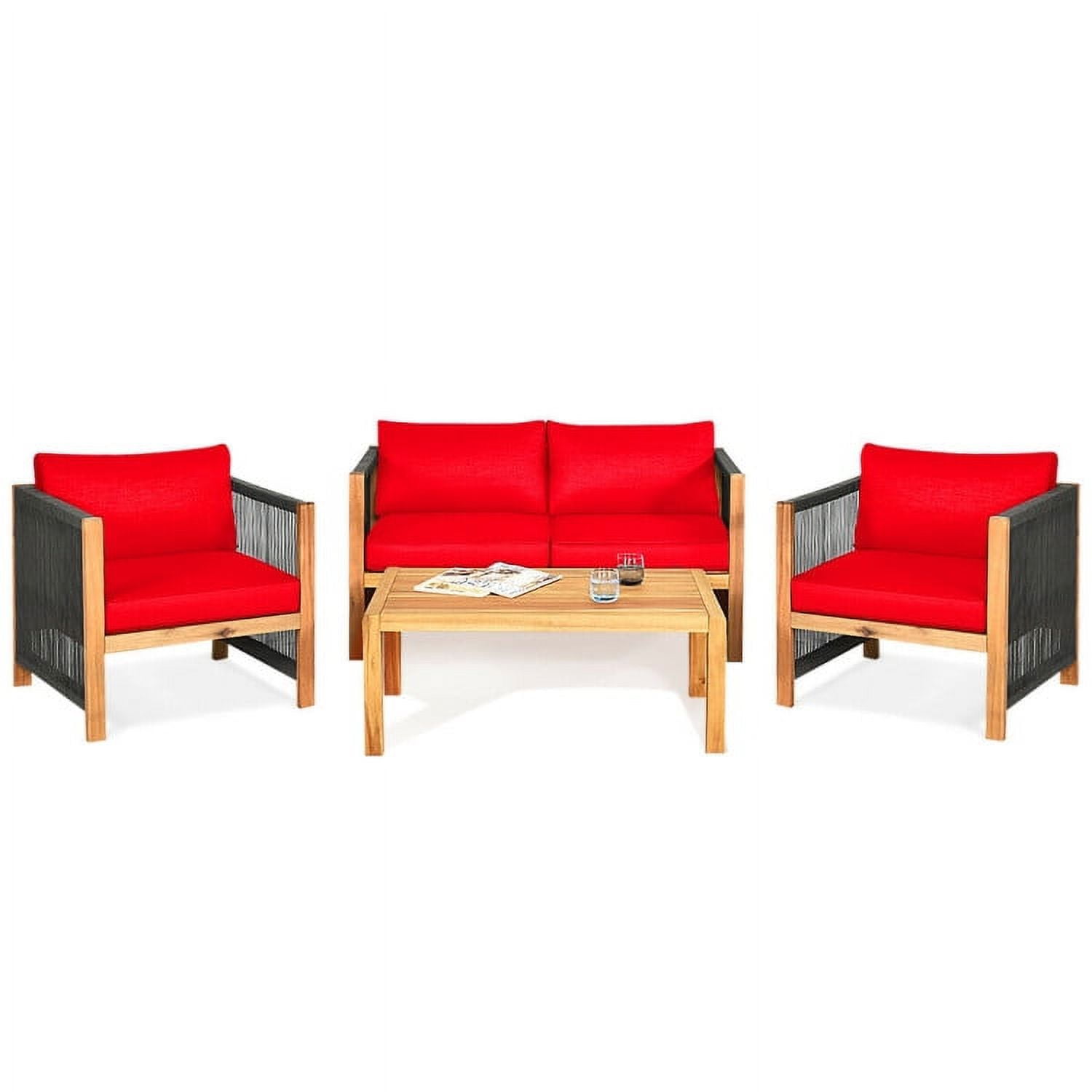 Aimee Lii 4 Pieces Acacia Wood Outdoor Patio Furniture Set with Cushions, Wooden Patio Furniture Set, Red Aimee Lii 4 Pieces Acacia Wood Outdoor Patio Furniture Set with Cushions, Wooden Patio Furniture Set, Red