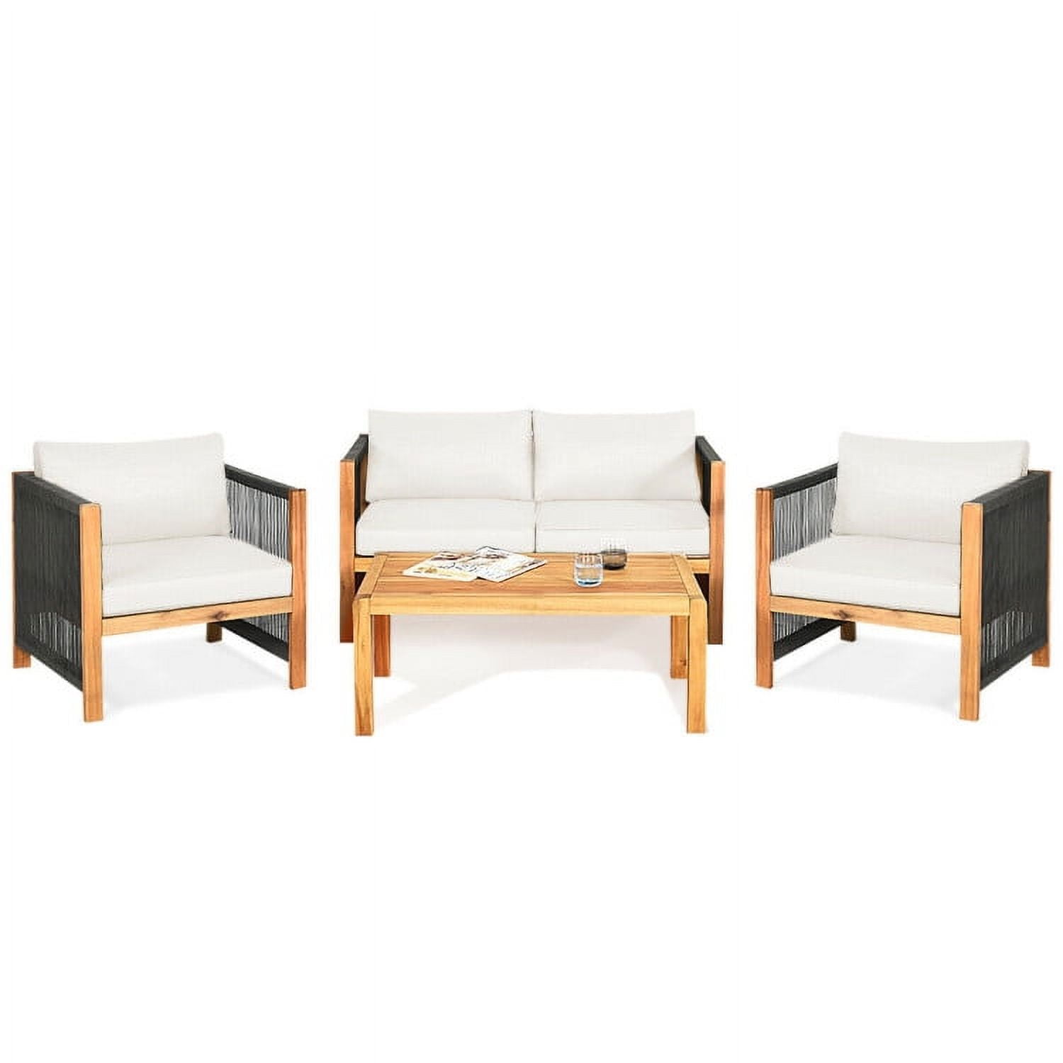 Aimee Lii 4 Pieces Acacia Wood Outdoor Patio Furniture Set with Cushions, Wooden Patio Furniture Set, White Aimee Lii 4 Pieces Acacia Wood Outdoor Patio Furniture Set with Cushions, Wooden Patio Furniture Set, White