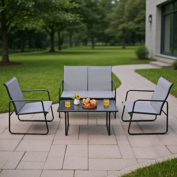 Aimee Lii 4 Pieces Metal Patio Furniture Set with Tempered Glass Coffee Table, Patio Conversation Sets for Backyard and Poolside