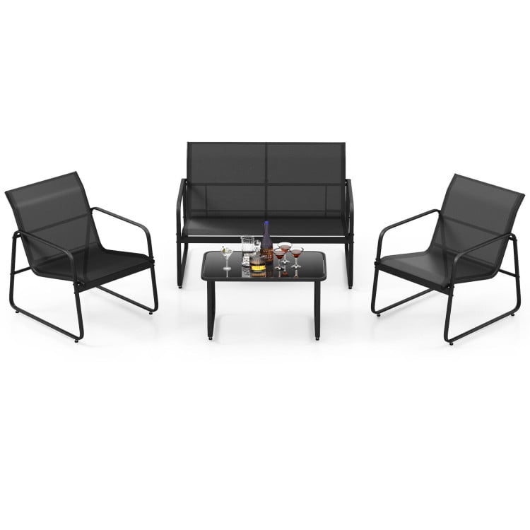 Aimee Lii 4 Pieces Outdoor Conversation Set with Glass Coffee Table, Patio Sectional Furniture Set, Black Aimee Lii 4 Pieces Outdoor Conversation Set with Glass Coffee Table, Patio Sectional Furniture Set, Black