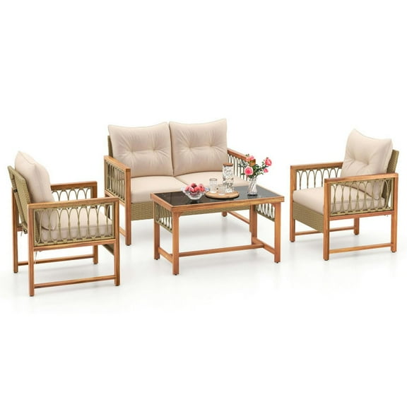 Aimee Lii 4 Pieces Outdoor Patio PE Wicker Conversation Bistro Set with Acacia Wood Frame, Modern Patio Furniture for Outdoor Backyard Pool Deck-Brown