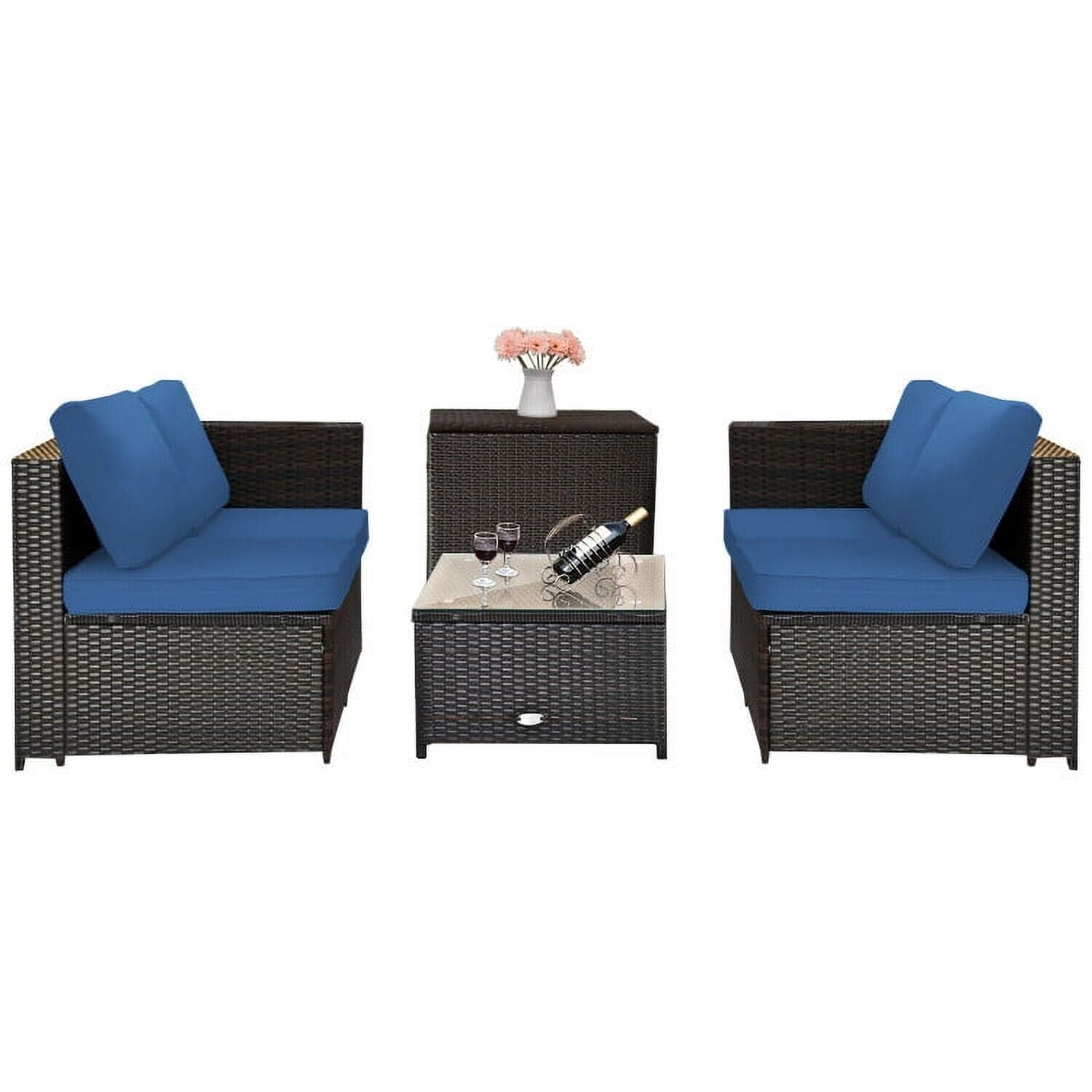 Aimee Lii 4 Pieces Outdoor Patio Rattan Furniture Set with Cushioned Loveseat and Storage Box, Outdoor Deck Furniture, Navy