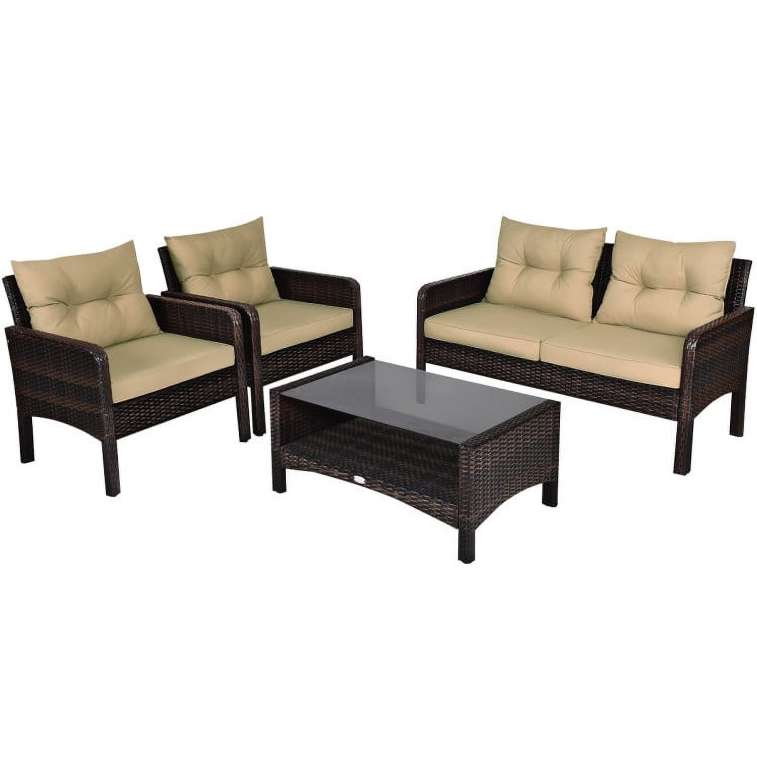 Aimee Lii 4 Pieces Outdoor Rattan Wicker Loveseat Furniture Set with Cushions, Small Patio Set, Khaki Aimee Lii 4 Pieces Outdoor Rattan Wicker Loveseat Furniture Set with Cushions, Small Patio Set, Khaki