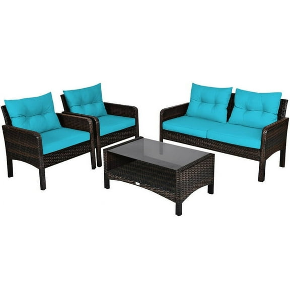 Aimee Lii 4 Pieces Outdoor Rattan Wicker Loveseat Furniture Set with Cushions, Small Patio Set, Turquoise